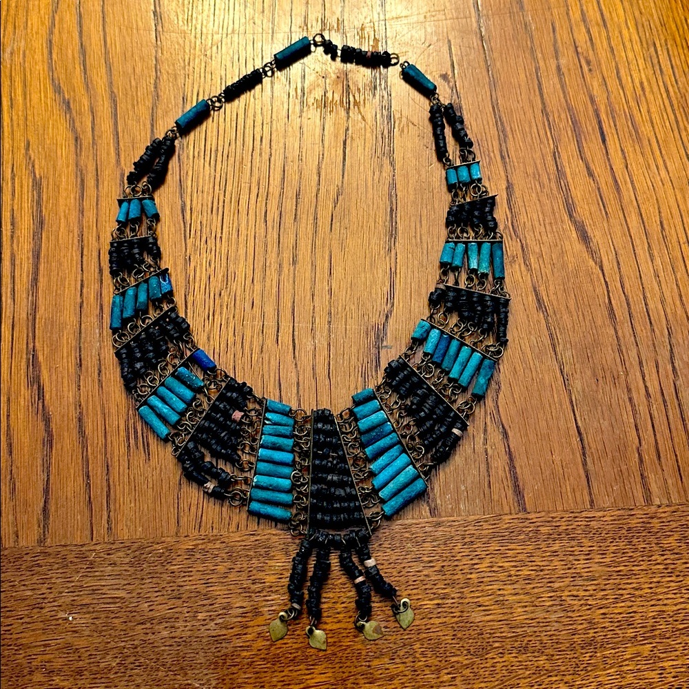 Vintage Egyptian Revival Bib Necklace, Blue Faience Beads, Gold Tone Metals